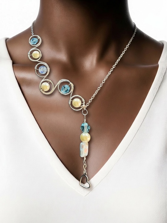 Jewelry - Handcrafted Blue and Pearl Beaded Pendant Necklace - Women Jewelry